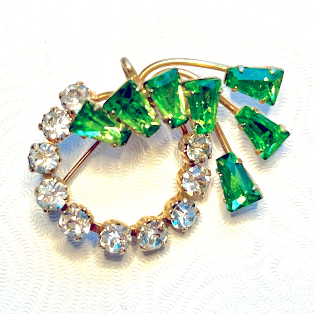 Vintage Clear & Green Rhinestone Pin
